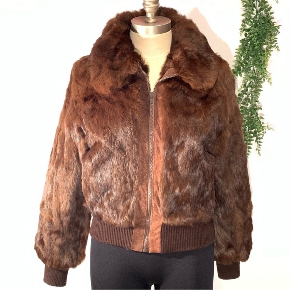 Bomber Jacket Genuine brown Rabbit Fur